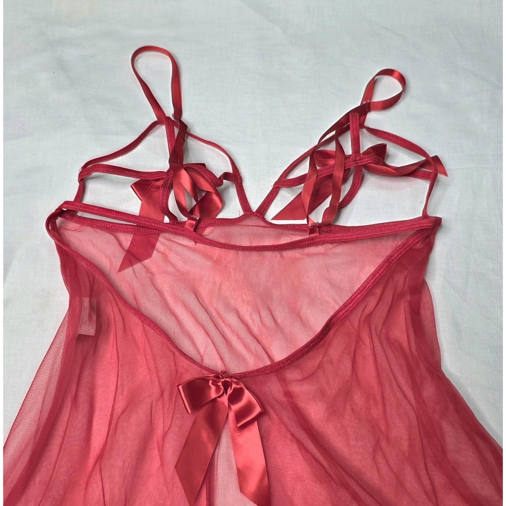 Vtg Dreamgirl Lingerie Babydoll Gown Queen O/S Red Sheer Mesh Bow Strappy Plus - Picture 10 of 11